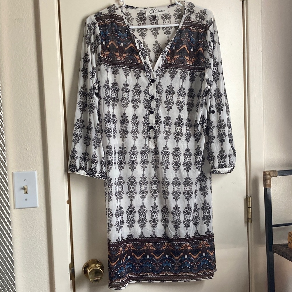 Sheer Boho Long Style White Tunic White, Brown, Blue, Tangerine, Size Large